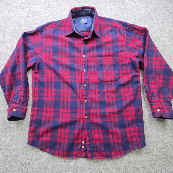 Vtg-Pendleton Flannel Shirt Mens Large Red Blue Plaid Wool Button-Up Long Sleeve - Picture 3 of 9